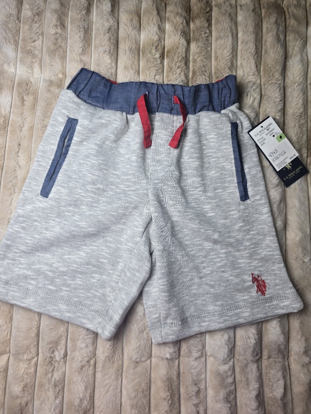 U.S. Polo Assn. Gray Knit Shorts with Navy Waistband and Red Drawstring